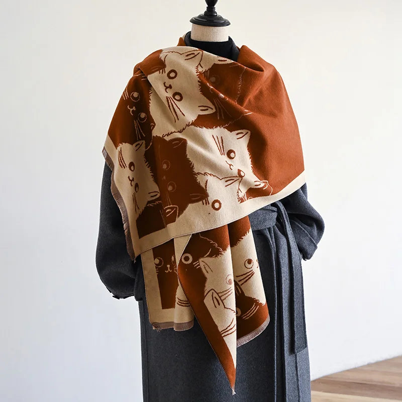 Cute Cat Ladies' Jacquard Pashmina Cashmere Scarf Thick Warm