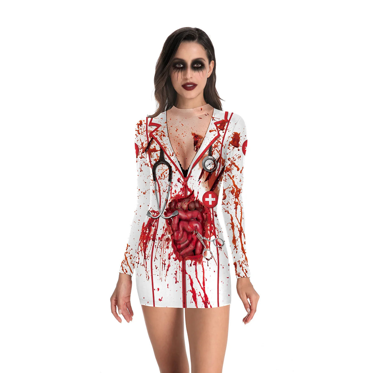 Bloody Nurse Cosplay Costume Dress Long Sleeves Sexy Tight Nurse Uniform and Skeleton Uniform.  Plus others