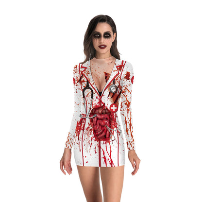 Bloody Nurse Cosplay Costume Dress Long Sleeves Sexy Tight Nurse Uniform and Skeleton Uniform.  Plus others