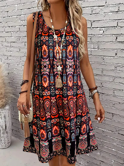 Vintage Boho All-Over Print Casual Sleeveless Dress, Off-Shoulder