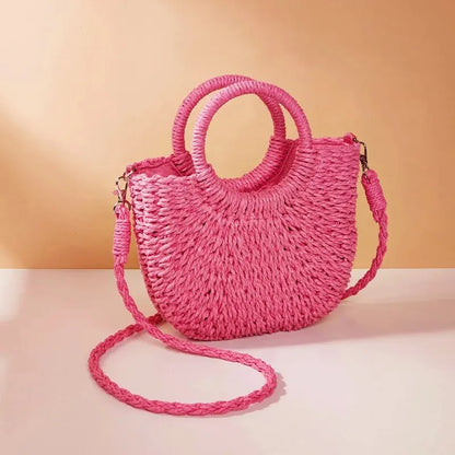 Handwoven Straw Rattan Half-Moon Beach Handbag or Crossbody Shoulder Bag. 4 other colors