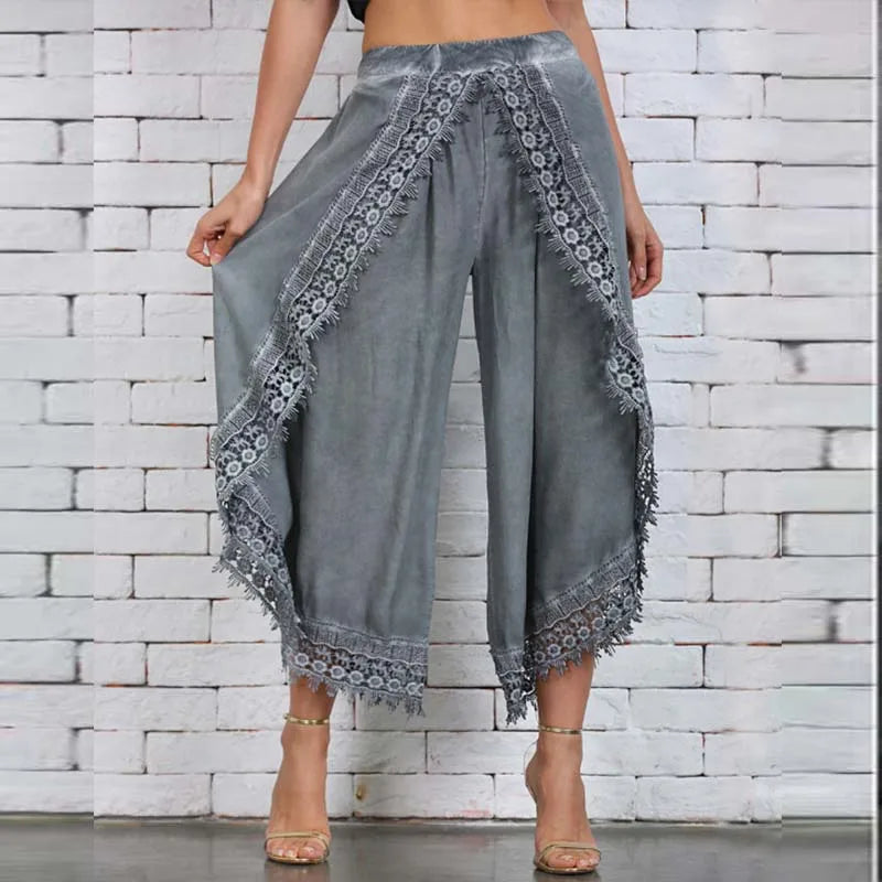 Boho Lace Harem Pants to 5XL, Loose Solid Wide Leg Arc-Shaped Pants with Angular Hem