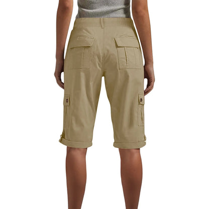 Women's long capri cargo shorts,  Button and Zipper Closure, 6 Colors in Sizes to 2XL
