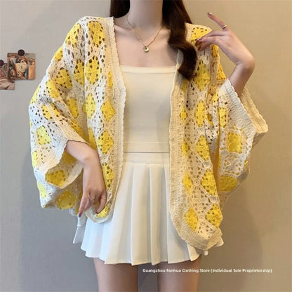 Bohemian Style Hollowed-out Long Sleeve Light Weight Sweater with V Neck and Batwing Sleeves