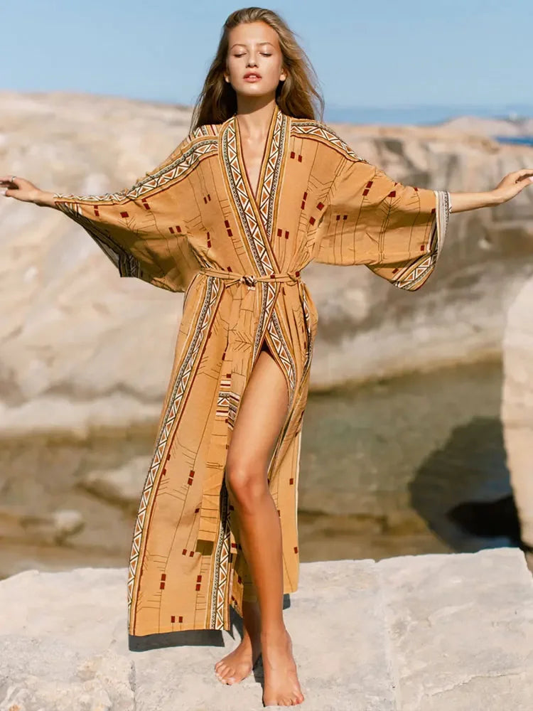 Bohemian Printed Cover-ups Elegant Belted Kimono Plus Size