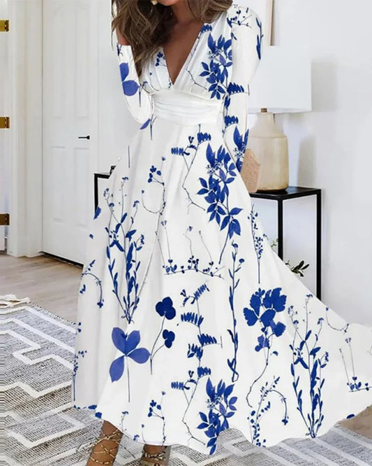 Bohemian Floral Print Deep V Neck Long Sleeve High Waist Flowy Maxi Dress With Elegant Botanical Pattern