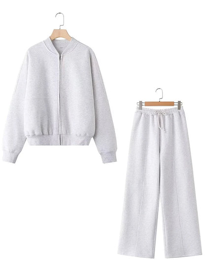 Warm 2 Piece Sweatsuits, Thick Fleece, Zipper Jacket, Batwing Sleeves, Clean Lines