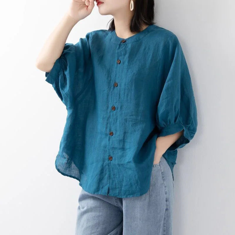 Sizes to 4XL, Cotton-linen blend shirt solid colors with lantern sleeves stand collar loose large size shirt. Variety of colors