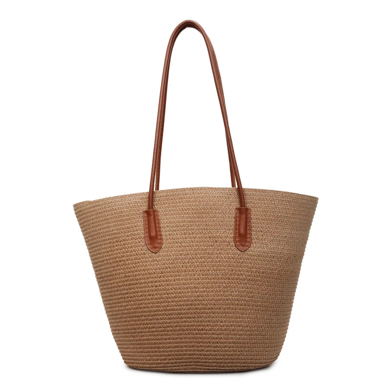 Large Capacity Straw Tote Shopper Bag With Shoulder Straps