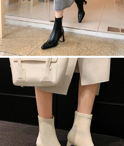 Rivetted Boots with Square Toes and Chunky Heels. Over the Ankle Stretch Tops