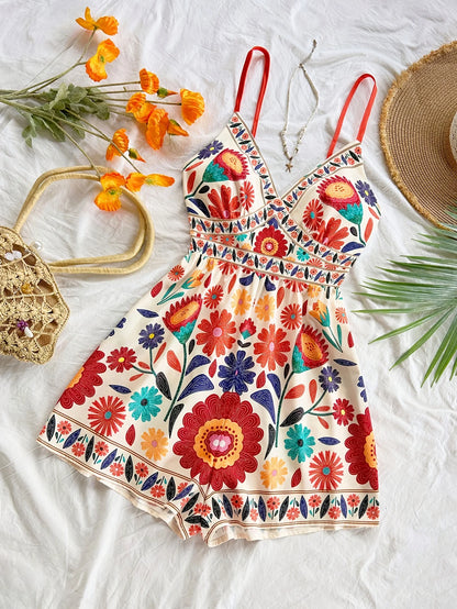 Bohemian Printed Jumpsuit, Fitted top with Elastic Back and spaghetti straps, High Waisted, Loose Bottoms
