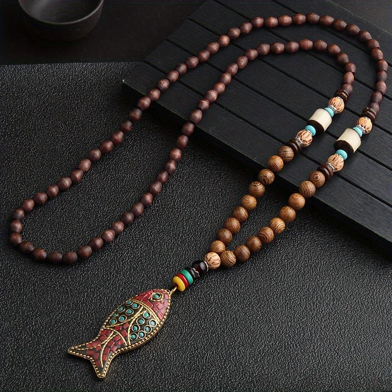 Vintage Handmade Necklace Nepal Mala Wood Beads Pendant & Necklace