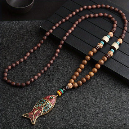 Vintage Handmade Necklace Nepal Mala Wood Beads Pendant & Necklace