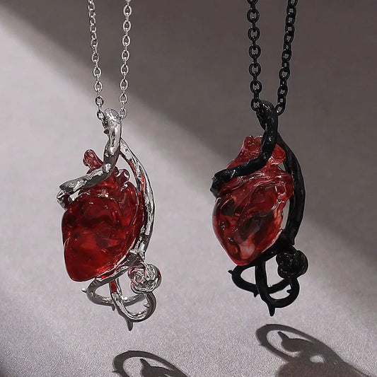 Halloween Gothic Red Crystal Flower Thorns Pendant Necklace Actual Human Heart Choker