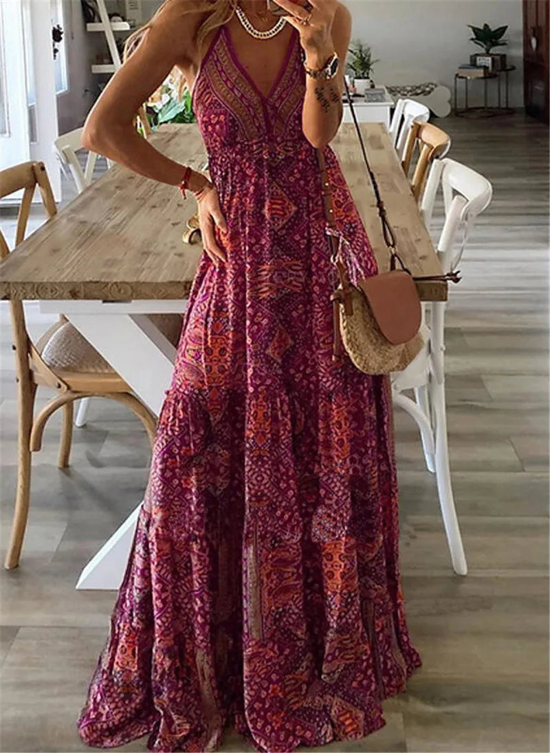 Boho Long Dress V-Neck High Waist Floral Print Maxi Gown European And American New Style Strapless Dress