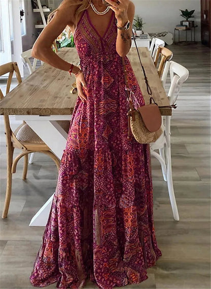 Boho Long Dress V-Neck High Waist Floral Print Maxi Gown European And American New Style Strapless Dress