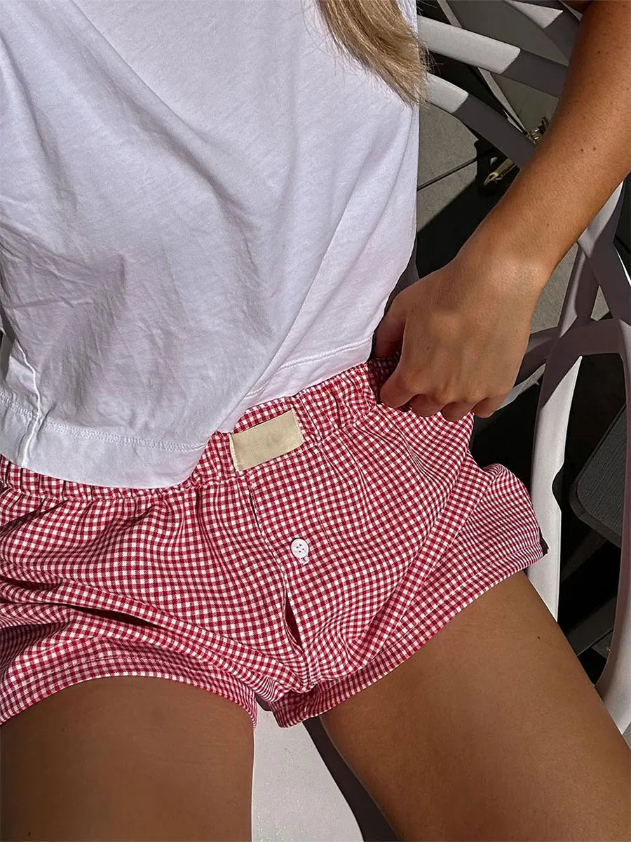 Retro Plaid Print Elastic Low Waist Button Front Loose Boxers