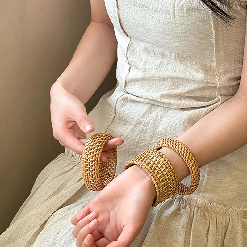 Boho Coffee Wood Bamboo Rattan Knit Wide Bracelets,  Hand-woven Wrapped Vintage Cuff Bracelets