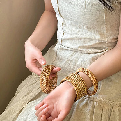 Boho Coffee Wood Bamboo Rattan Knit Wide Bracelets,  Hand-woven Wrapped Vintage Cuff Bracelets