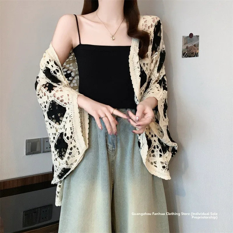 Bohemian Style Hollowed-out Long Sleeve Light Weight Sweater with V Neck and Batwing Sleeves