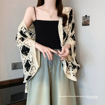 Bohemian Style Hollowed-out Long Sleeve Light Weight Sweater with V Neck and Batwing Sleeves