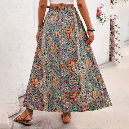 Bohemian Retro Floral Print Skirts Indie Folk High Waist A-Line Pleated Long Skirts with Slit