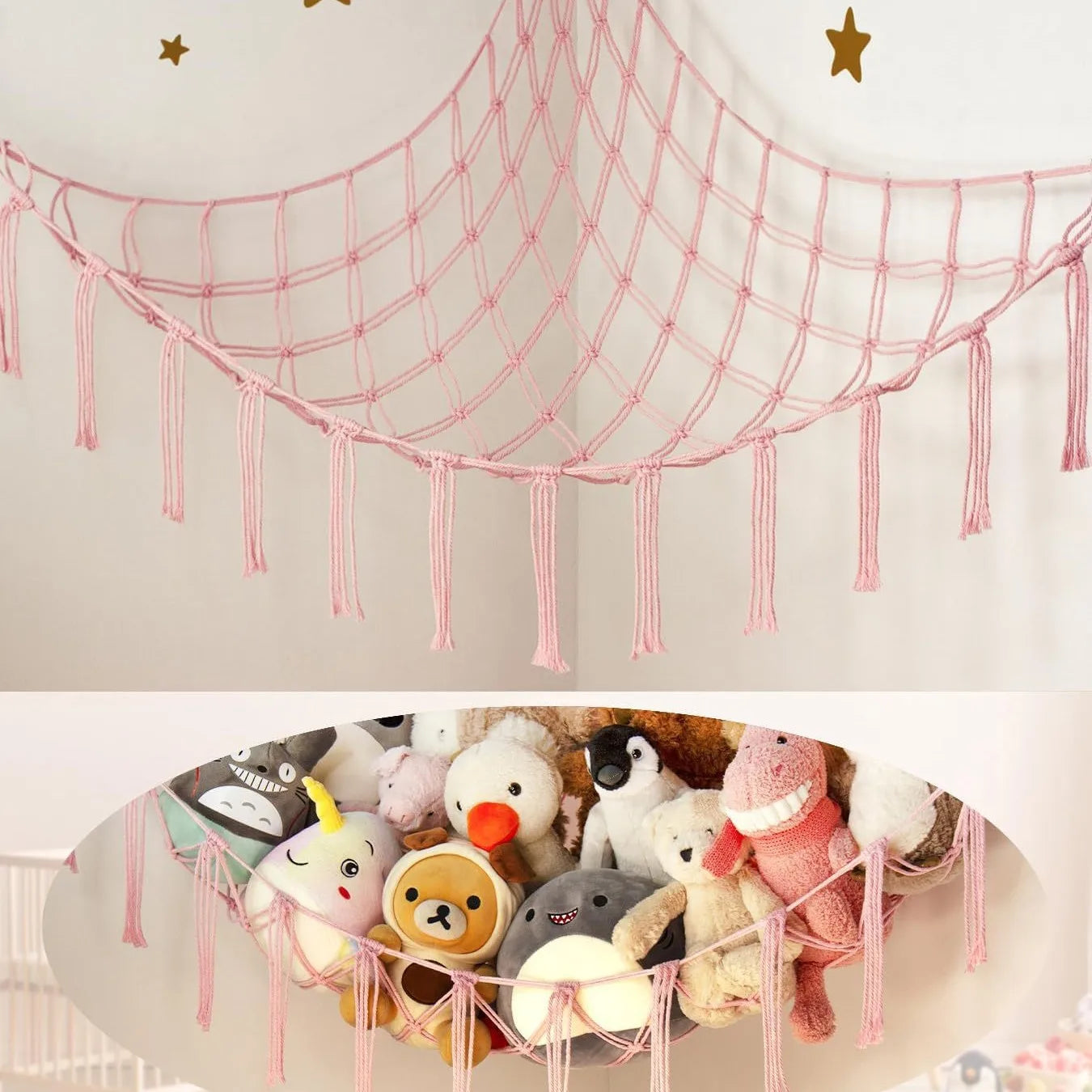9 different colors of this Boho Macrame Stuffed Animal Hammock Cotton Tassel Toy Storage Net, Hanging Organizer