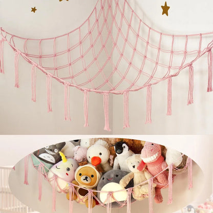 9 different colors of this Boho Macrame Stuffed Animal Hammock Cotton Tassel Toy Storage Net, Hanging Organizer