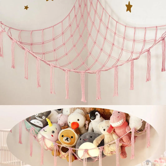 9 different colors of this Boho Macrame Stuffed Animal Hammock Cotton Tassel Toy Storage Net, Hanging Organizer