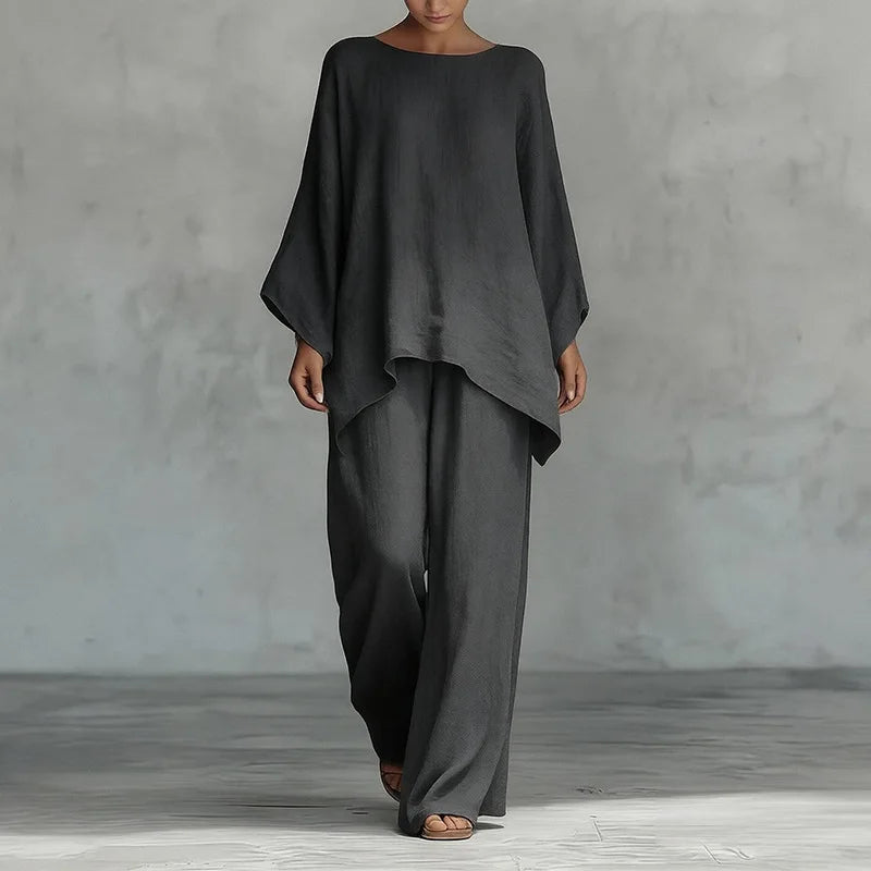 Retro Loose Linen, Long-Sleeved, Extra-Wide Legged Pantsuit, Angled Hem on Top Hem and Sleeves. Comes in Wine Red, White, Grey, Black, and Khaki