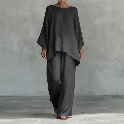 Retro Loose Linen, Long-Sleeved, Extra-Wide Legged Pantsuit, Angled Hem on Top Hem and Sleeves. Comes in Wine Red, White, Grey, Black, and Khaki