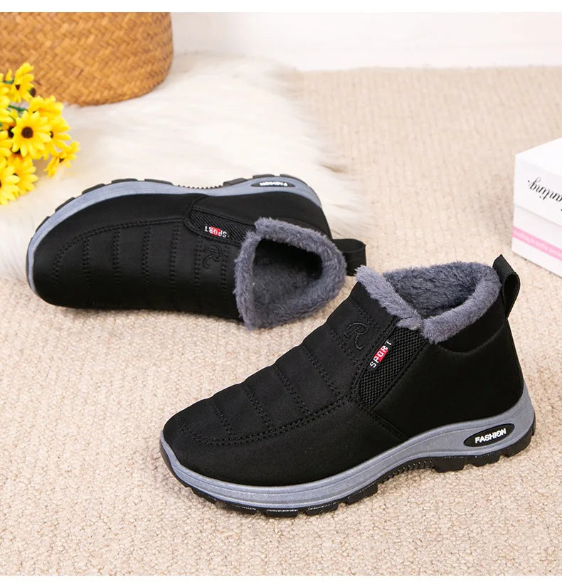 Waterproof Plush, Warm Ankle Snow Boots in Red, Black, Blue, Green, and Tan.