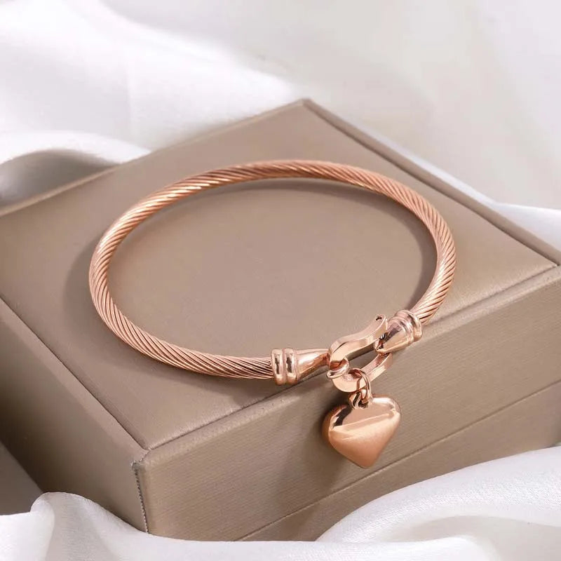 Stainless Steel Gold Color Heart Pendant Bracelets, Charm Bangle Bracelets, Waterproof Jewelry