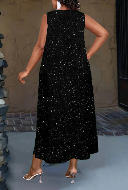 Sizes to 6XL, Women's Solid-Color Powder-Sprinkled Tank Top Dress with Side Pockets
