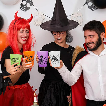 24Pcs Halloween Drinking Cups, Boo, Skeleton, Happy Halloween, Trick or Treat, and more for a Colorfully Spooky Halloween Party