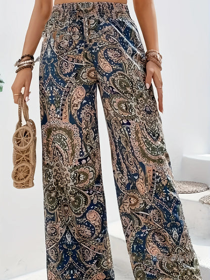 Bohemian High, Elastic Waist, Printed Wide Leg Long Pants to Size 2XL
