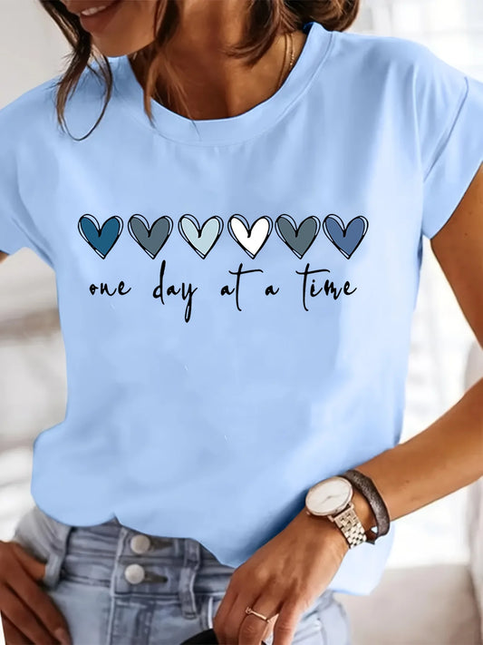 Women'S Casual Graphic  "One Day at a Time" Heart Print Short Sleeve Round Neck