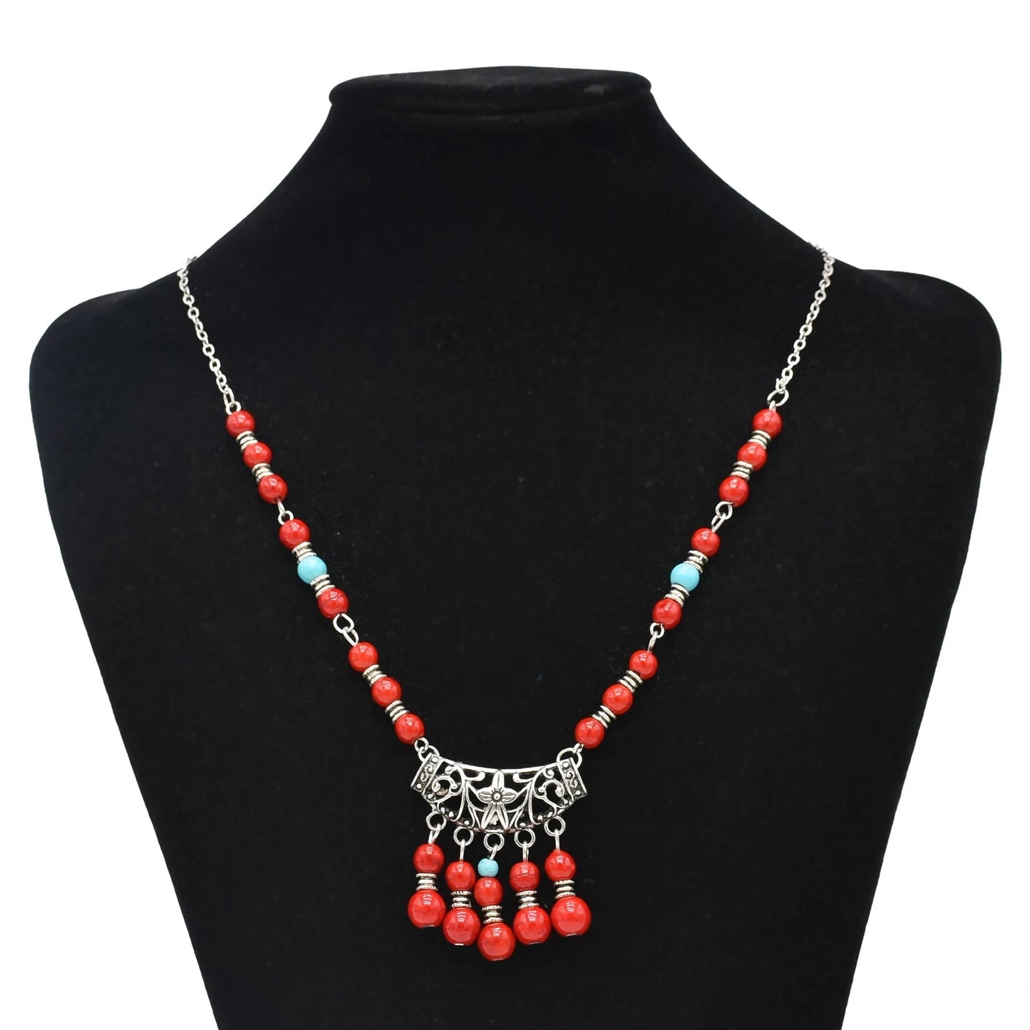 Bohemian Black Blue Stones, Coin tassel Necklace Turkish Gypsy Boho