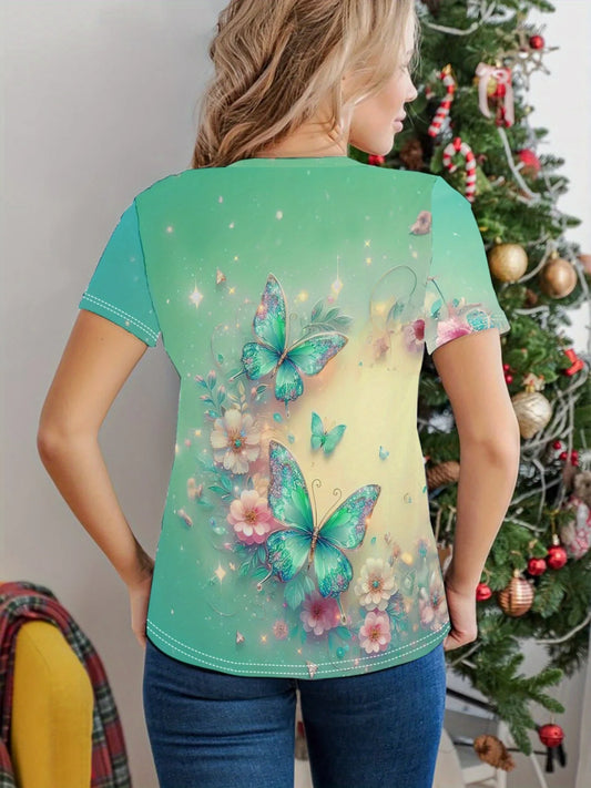 Women's Tee-shirt Shimmering Butterfly & Floral Graphic, Casual Pastel Garden Design
