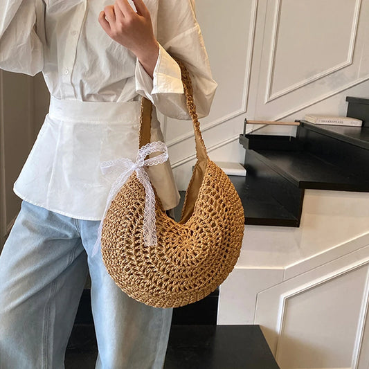Casual Hobo Straw Shoulder Bags Handmade Weave Crossbody Bags Vintage