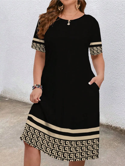 Sizes to 5XL, short-sleeved, round-neck, geometric ethnic borders, loose fit with pockets
