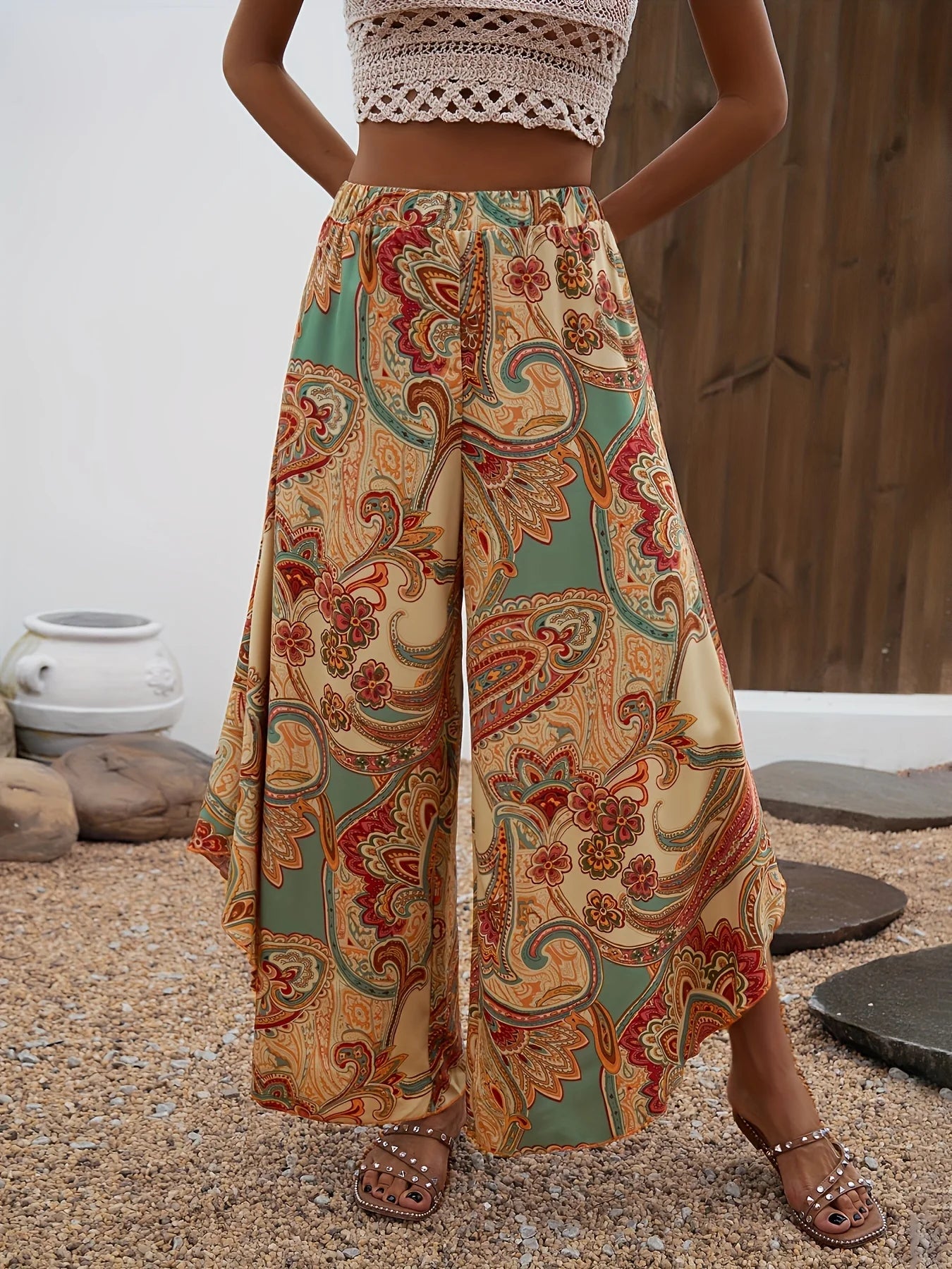 Size to 2XL Directional Hem Long Pants with Wide Legs