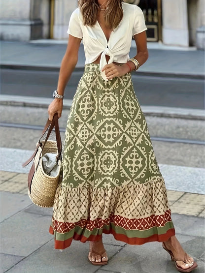 Sizes to 5XL Boho Yellow and Green Irregular Design, Elastic Waist
