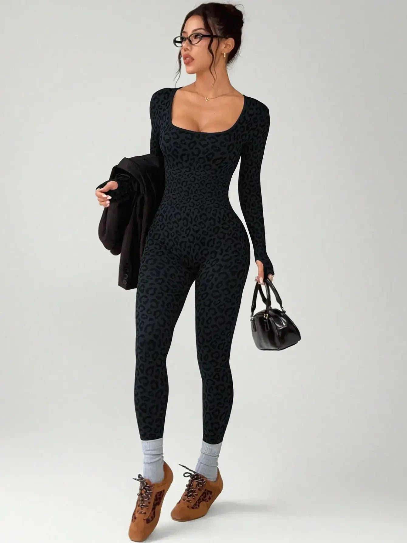 Slimming Elastic Hip Hugging Long Sleeve U Collar Stretchy
