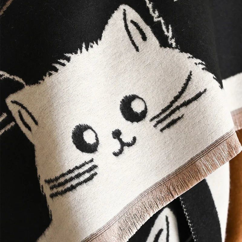 Cute Cat Ladies' Jacquard Pashmina Cashmere Scarf Thick Warm