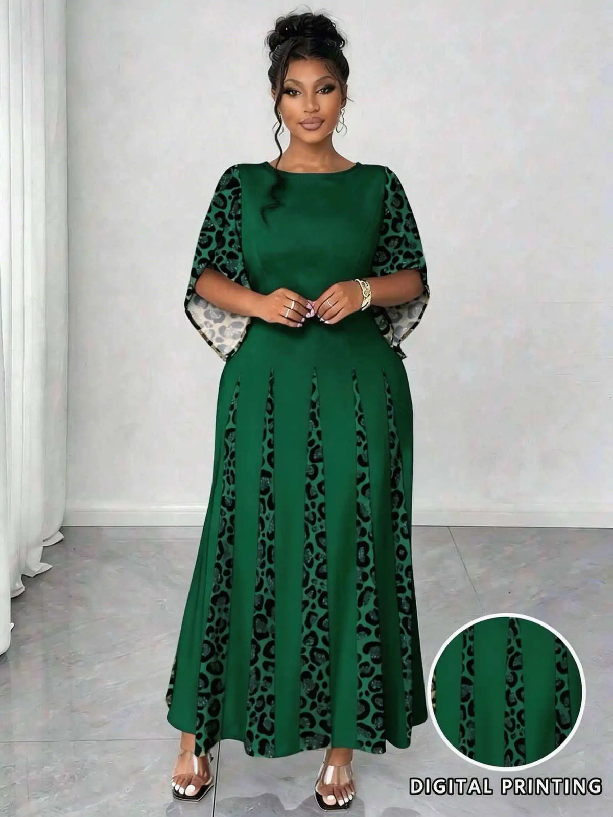 Sizes to 5XL in 3 colors, Elegant Leopard Print Maxi Dress, 3/4 Sleeve, Comfortable & Stylish
