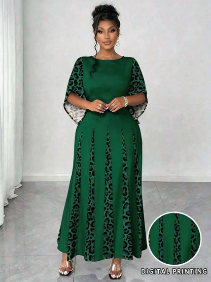 Sizes to 5XL in 3 colors, Elegant Leopard Print Maxi Dress, 3/4 Sleeve, Comfortable & Stylish