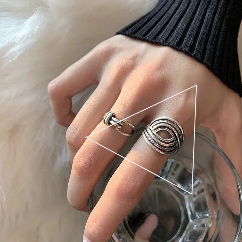 Sterling Silver Rings INS Fashion Vintage Hollow Lines  Adjustable  Jewelry