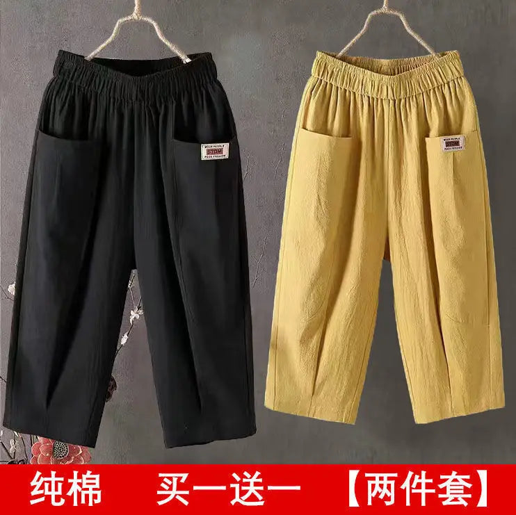 Cotton Linen Cropped 3/4 Length Pants, Loose, Linen with Elastic Waist and Pockets