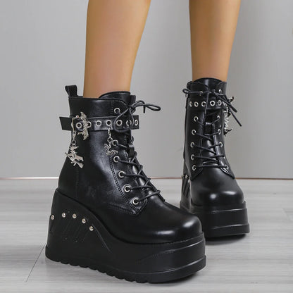 Punk Goth Platform Heels Wedge Heeled Boots, Tie and Strap Closures